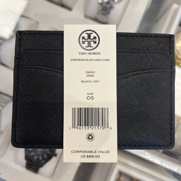Tory Burch Emerson Slim Saffiano Leather Card Case in Black - Picture 7 of 7